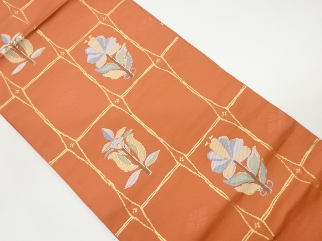 JAPANESE KIMONO / VINTAGE NAGOYA OBI / WOVEN GRID & FLORAL PLANTS